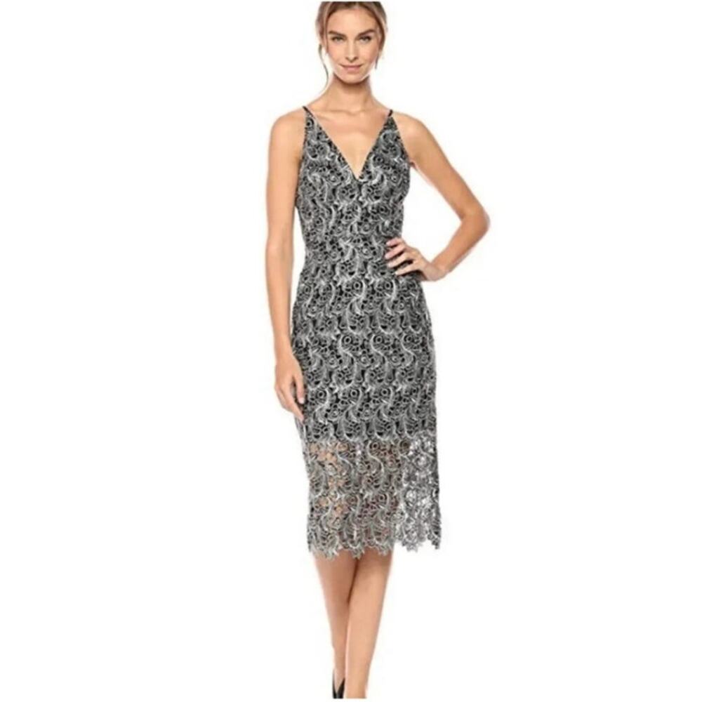 Dress The Population Aurora Lace Plunging Sleeveless Dress Black White Lace Sz L